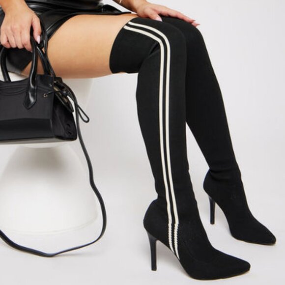 " STRIPED UP AND READY TO GO " Heeled Boots - Black ( BRAND NEW !!! ) - Picture 1 of 6